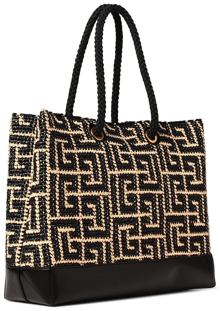 Balmain Monogram Raffia Woven Tote Bag Natural
