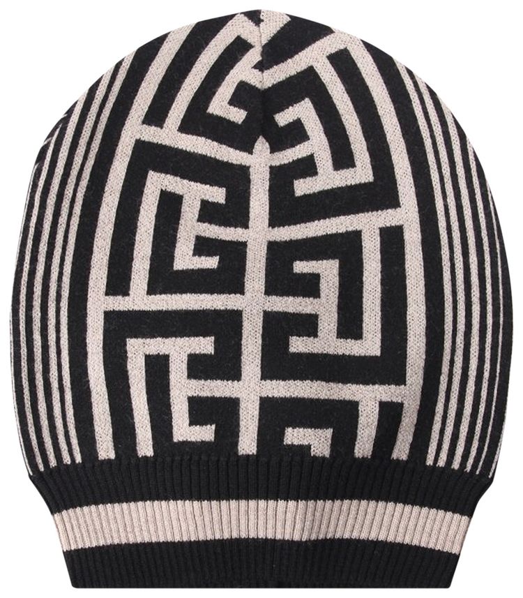 Balmain Monogram  Stripes Beanie IvoryBlack