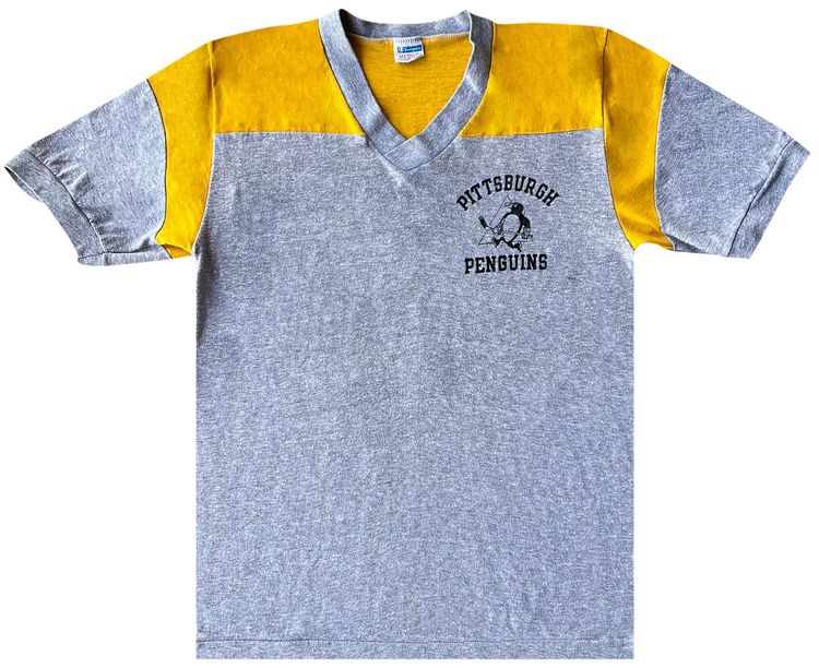 Pre Owned 1980s Pittsburgh Penguins V Neck Tee GreyYellow