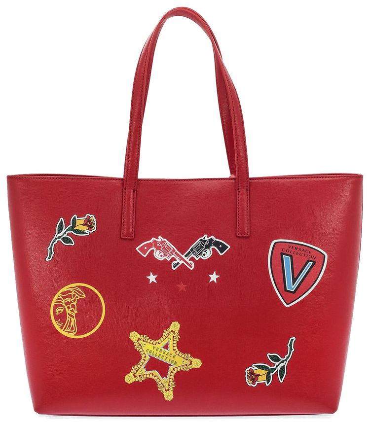 Versace Graphic Print Leather Tote Bag Red