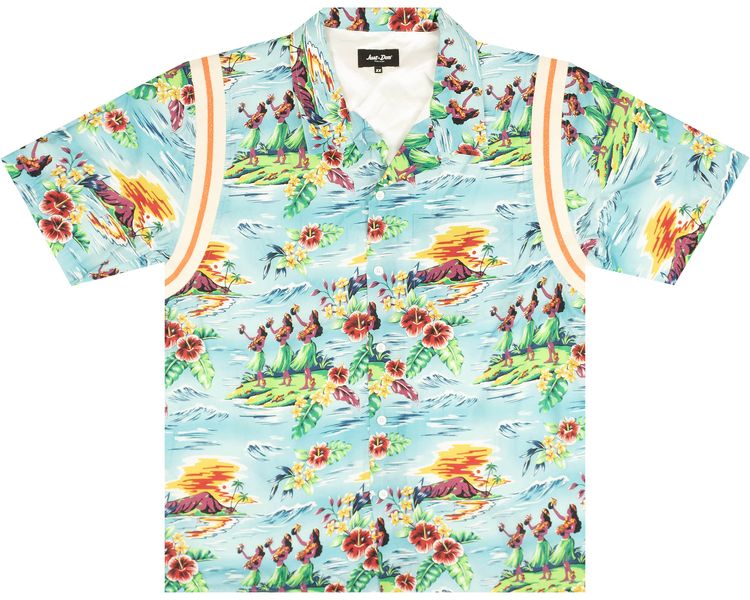 Just Don Hawaiian Button Down Bowling Shirt Blue