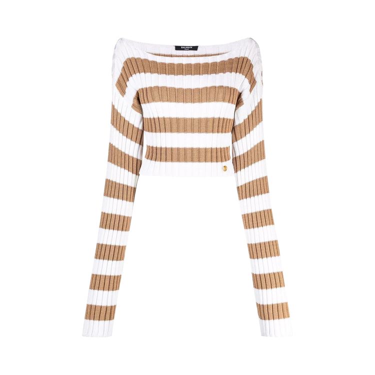 Balmain Cropped Off Shoulder Striped Knit Top WhiteTan