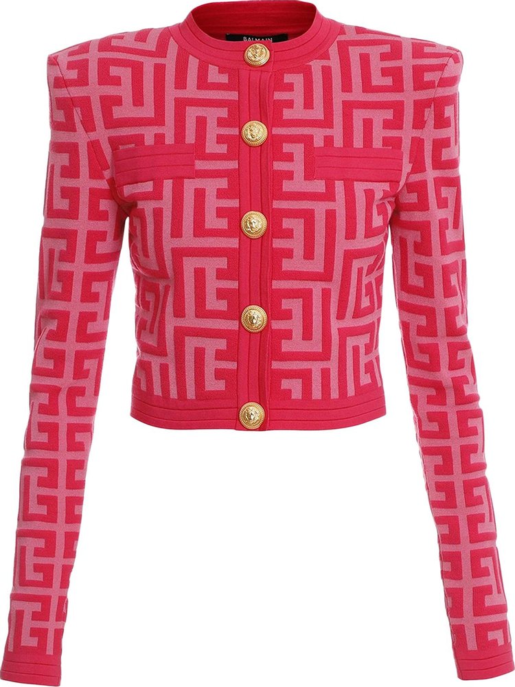 Balmain Cropped Maxi Monogram Knitted Cardigan 'Pink'