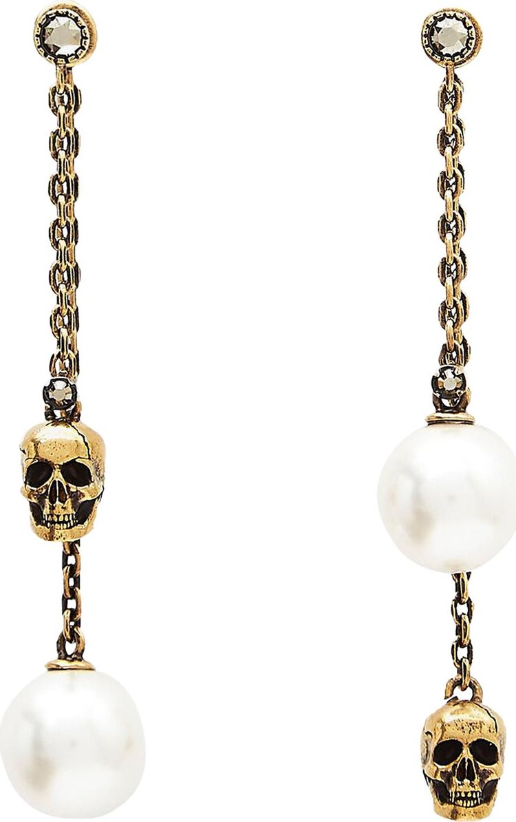 Alexander McQueen Pearl-Like Skull Chain Drop Earring In Antique Gold 'White/Gold'