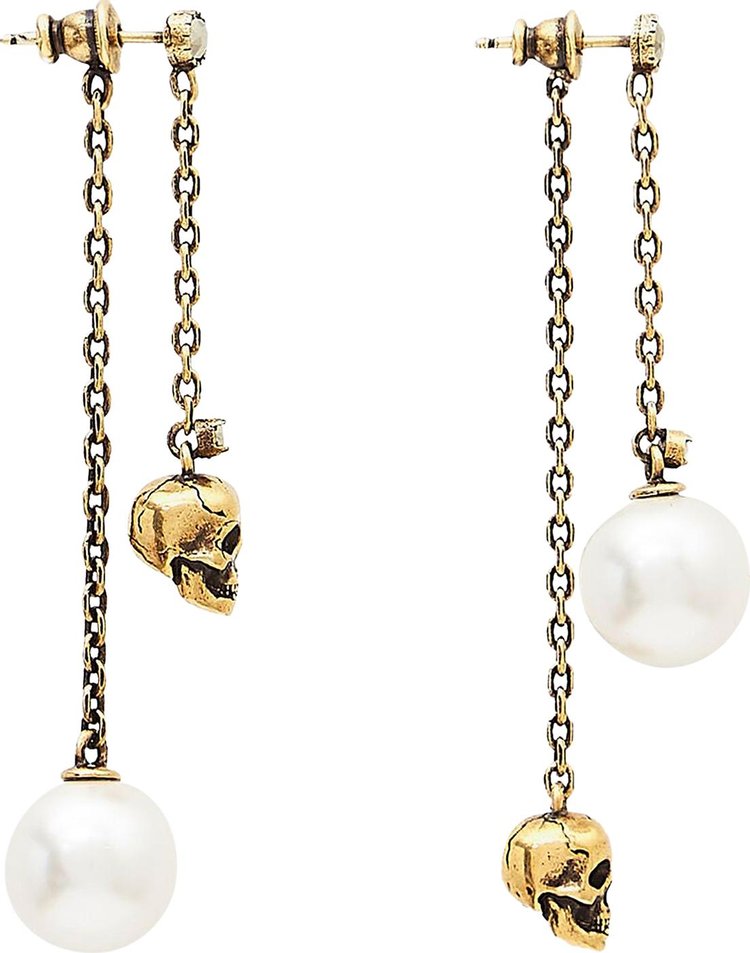 Alexander McQueen Pearl Like Skull Chain Drop Earring In Antique Gold WhiteGold