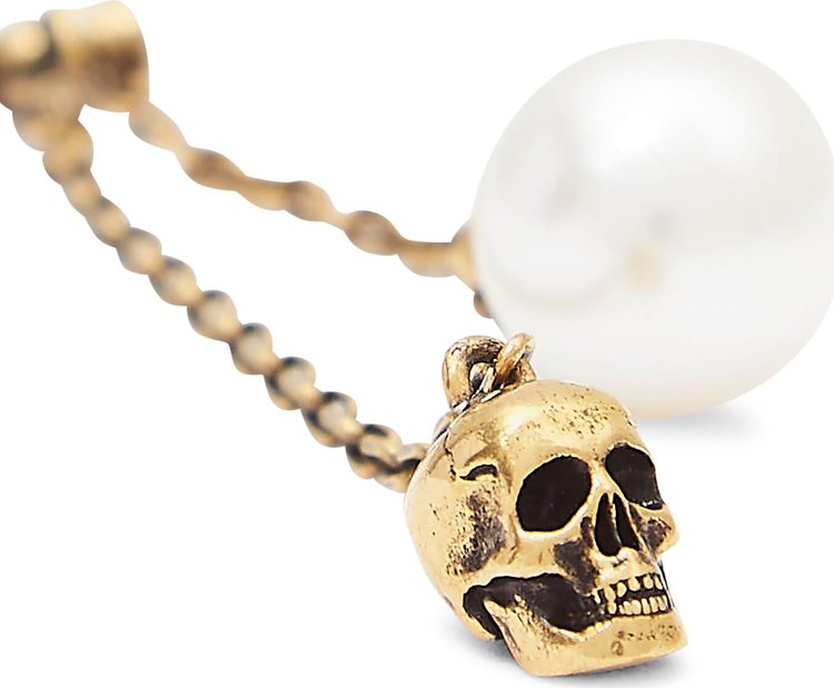 Alexander McQueen Pearl Like Skull Chain Drop Earring In Antique Gold WhiteGold