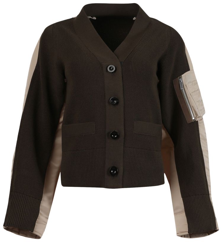 Sacai Nylon Twill Mix Knit Cardigan Khaki