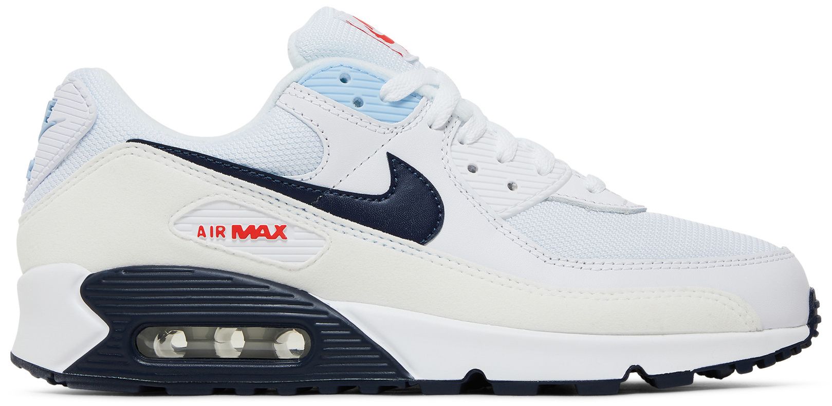 white and navy air max 90
