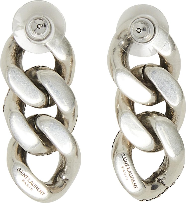 Saint Laurent Three Curb Chain Link Earrings Oxidized Silver