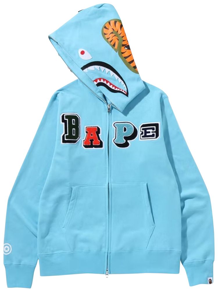 BAPE Multi Fonts Shark Full Zip Hoodie Sax