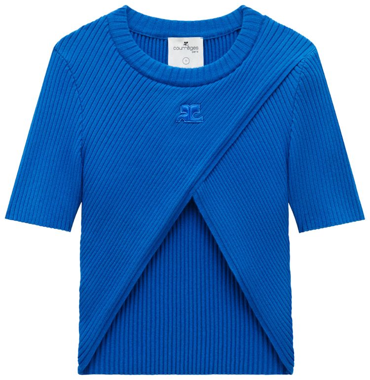 Courreges Rib Knit Criss Cross Top Blue