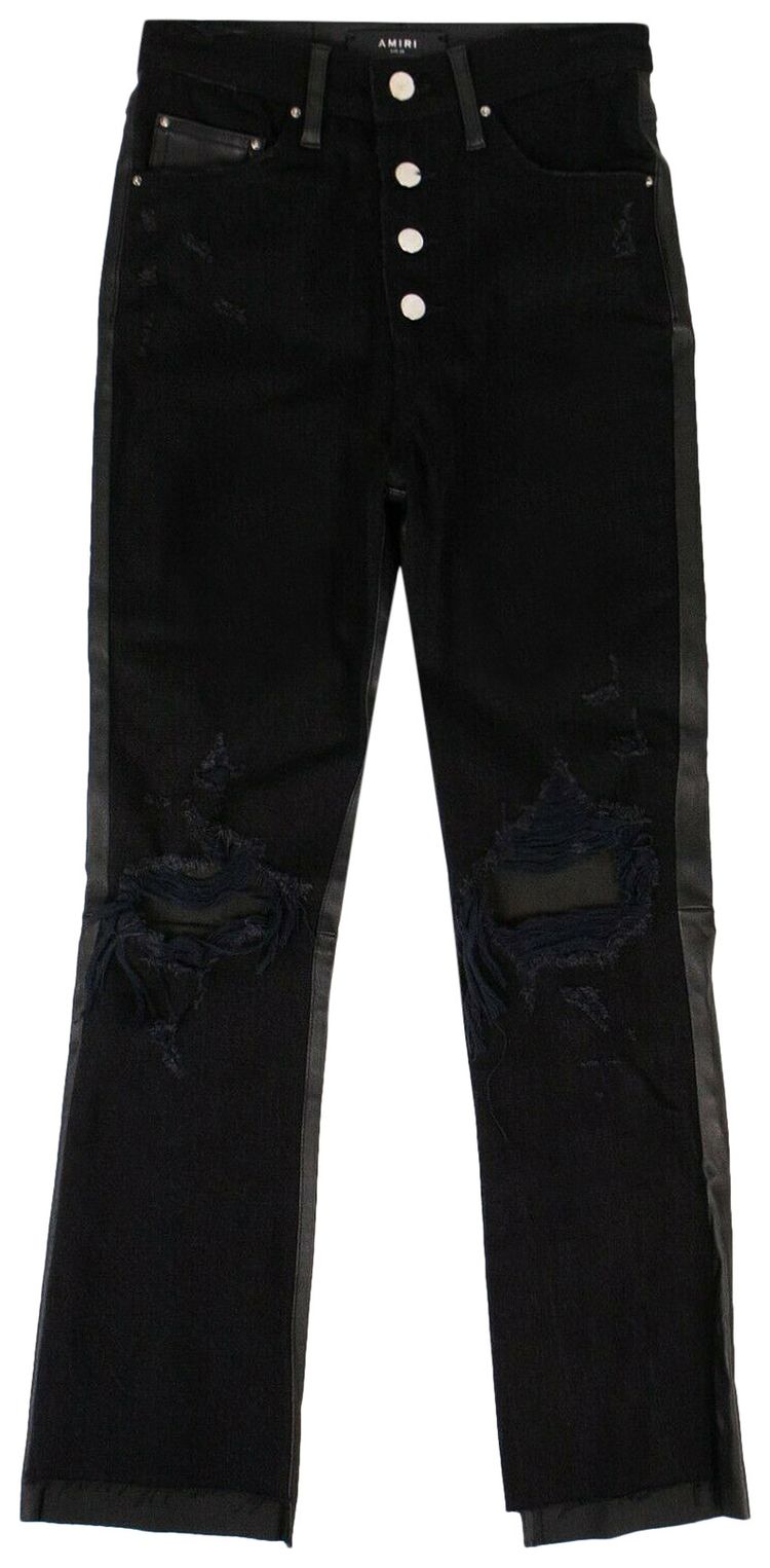 Amiri Leather And Denim Crop Flare Jeans Black