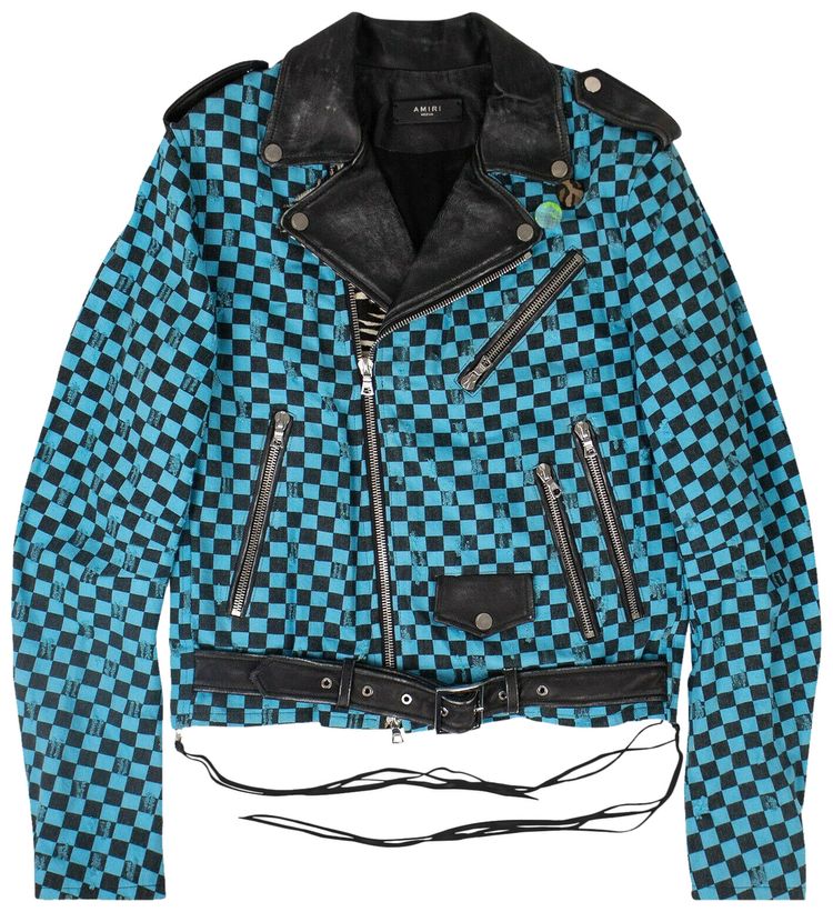 Amiri Checkered Biker Jacket Blue