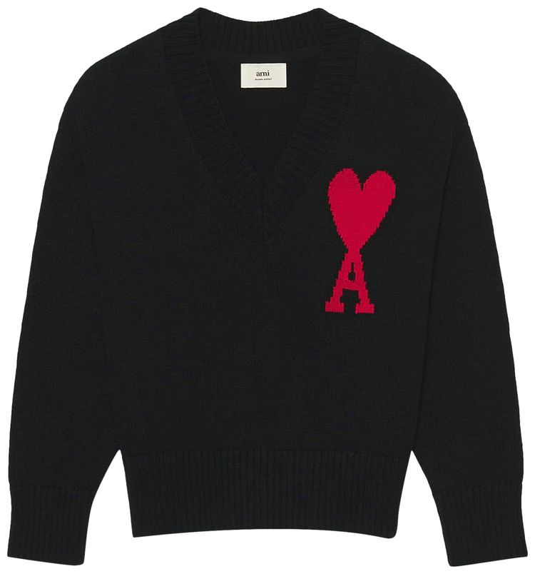Ami V Neck Sweater BlackRed