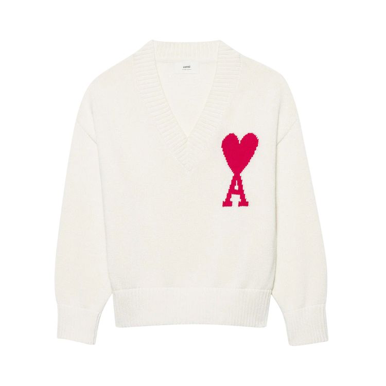 Ami V Neck Sweater WhiteRed