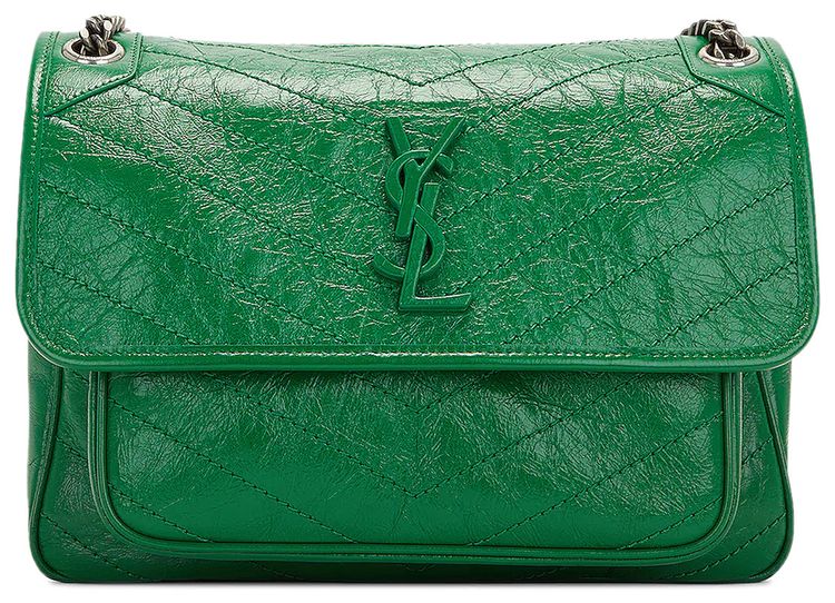 Saint Laurent Niki Medium Chain Bag In Crinkled Vintage Leather New Vert Praire