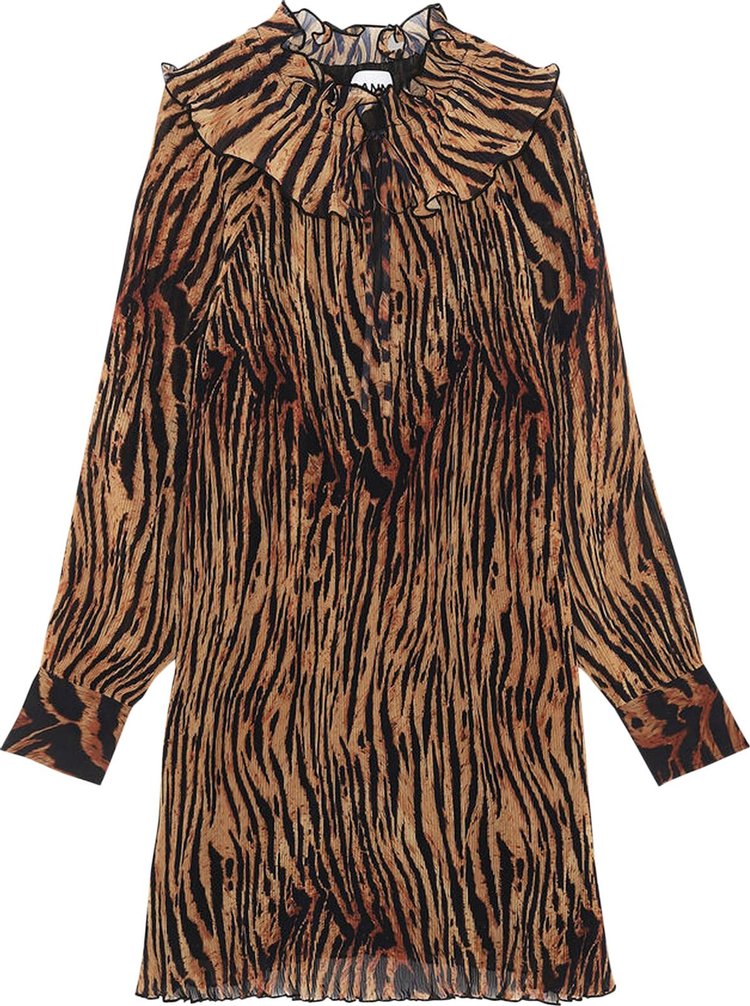 GANNI Pleated Georgette Adjustable Collar Mini Dress 'Tiger's Eye'