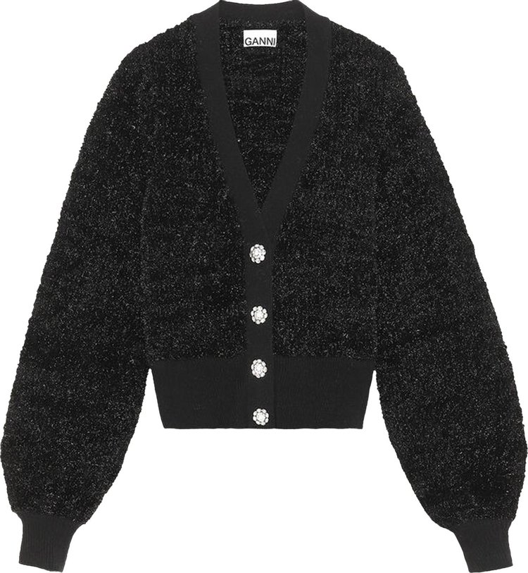 GANNI Sparkle Knit Puff-Sleeve Cardigan 'Black'