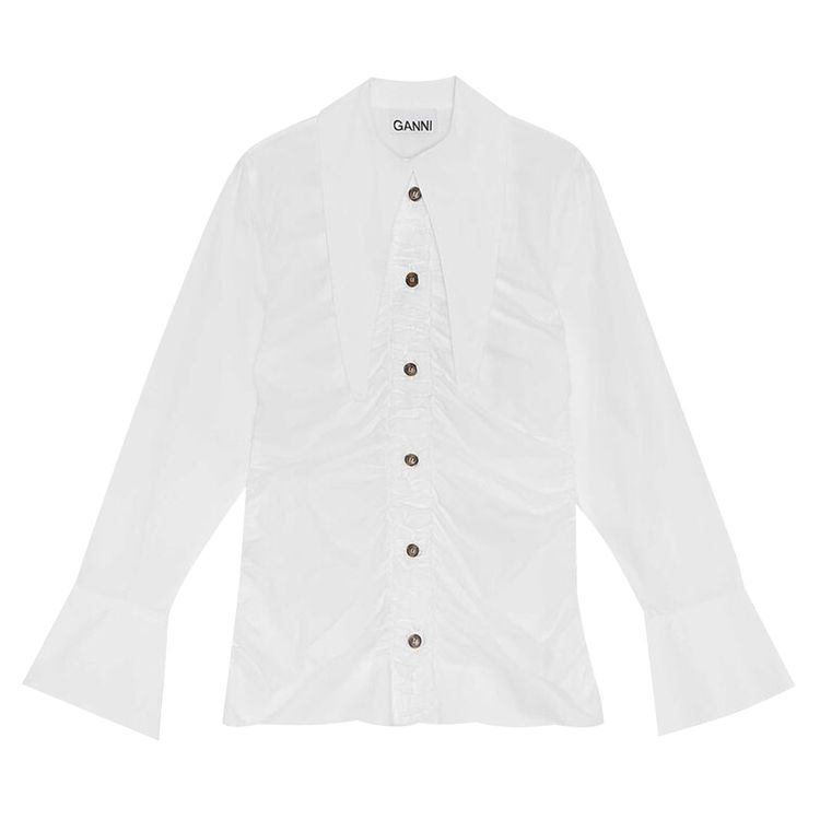 GANNI Cotton Poplin Ruched Shirt White