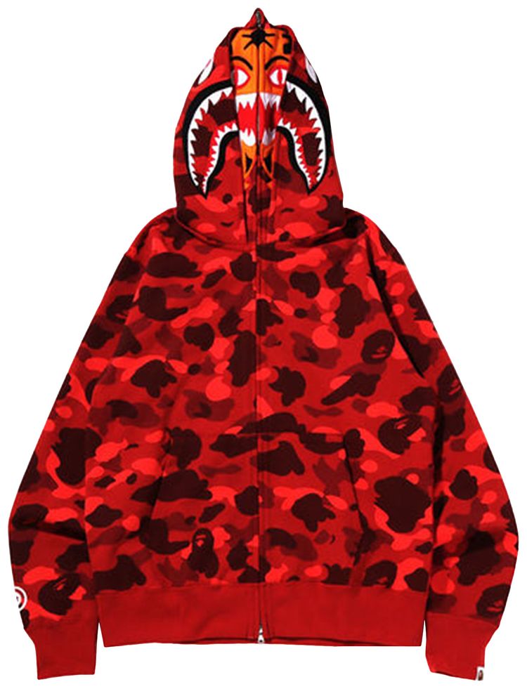 BAPE Color Camo Tiger Shark Wide Full Zip Double Hoodie Red