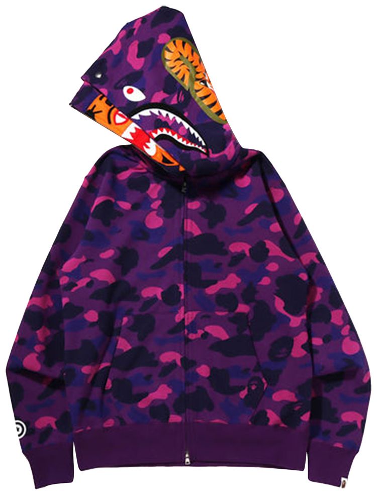 BAPE Color Camo Tiger Shark Wide Full Zip Double Hoodie Purple