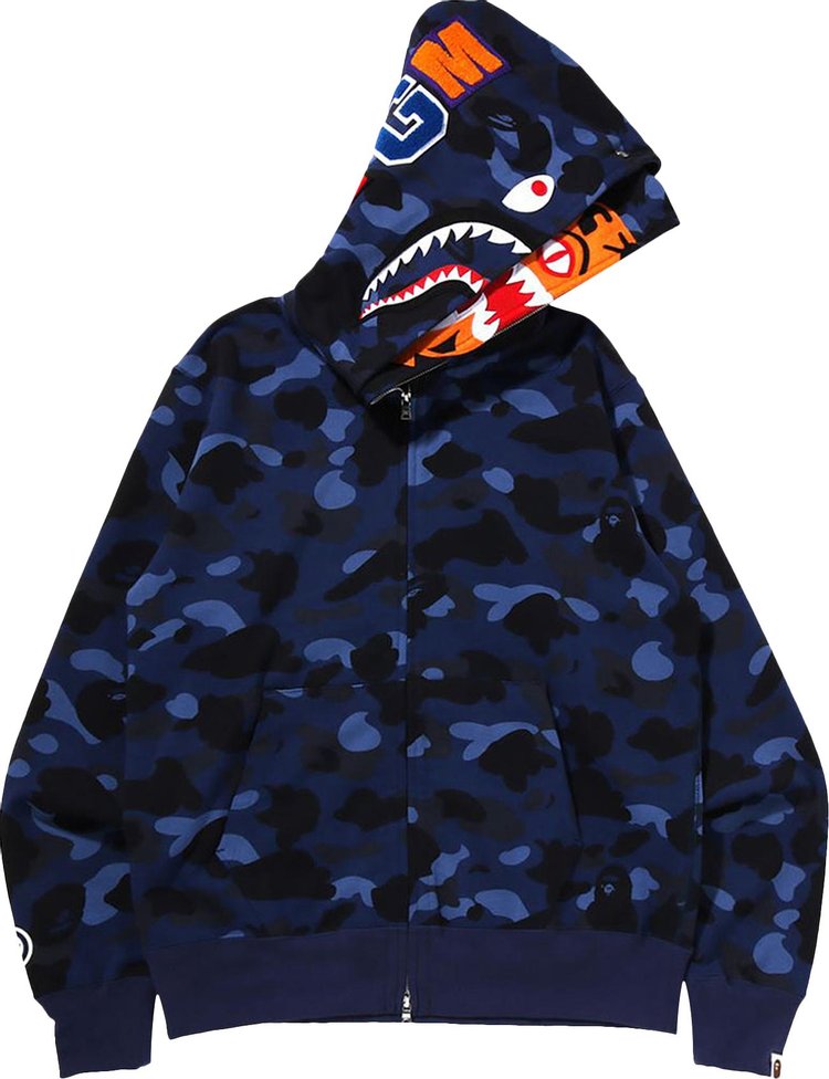 Buy BAPE Color Camo Tiger Shark Wide Full Zip Double Hoodie 'Navy ...