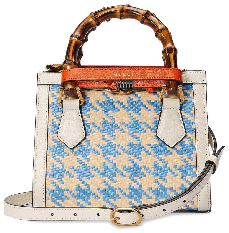 Gucci Diana Mini Houndstooth Raffia Effect Tote Bag Blue