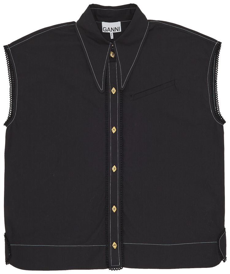 GANNI Cotton Poplin Sleeveless Button Down Shirt Black