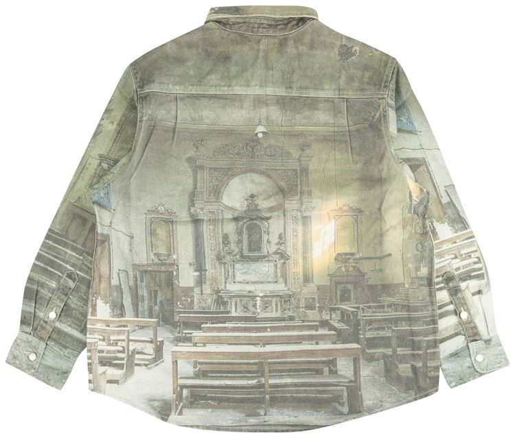 424 Photo Print Denim Button Down Shirt Green