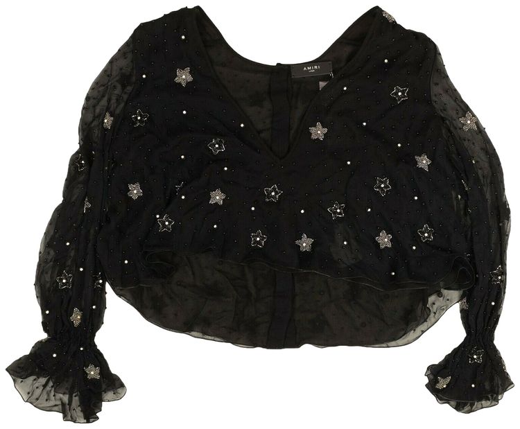 Amiri Beaded Silk Star V Neck Long Sleeve Shirt Black