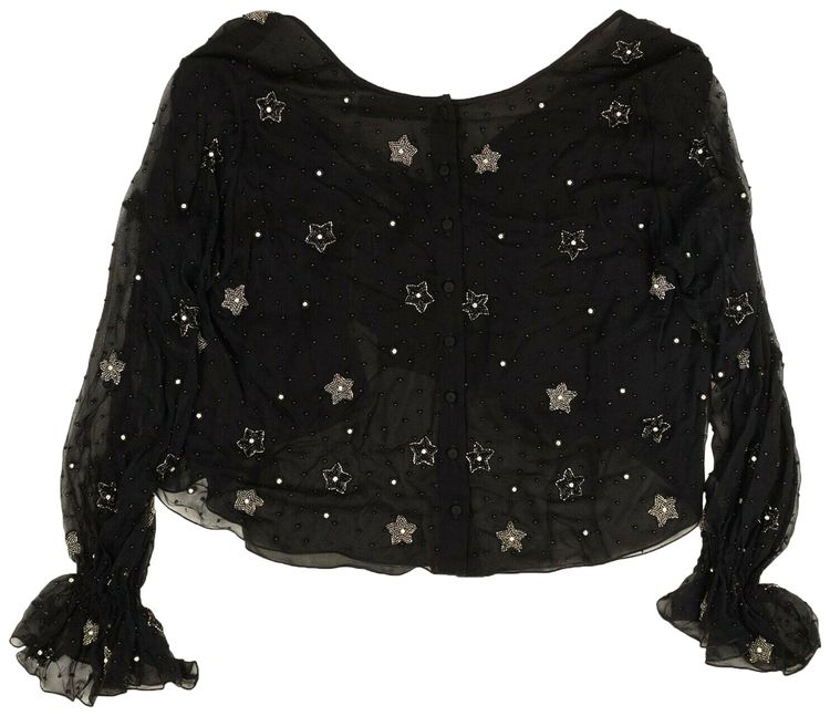 Amiri Beaded Silk Star V Neck Long Sleeve Shirt Black
