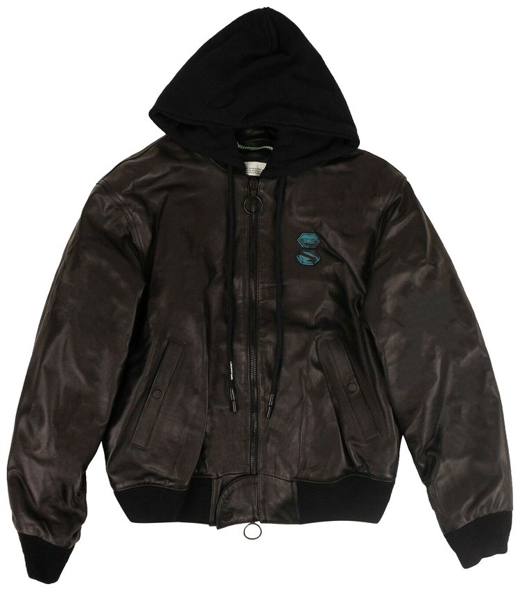 Off White Leather Hooded Bomber Jacket Black