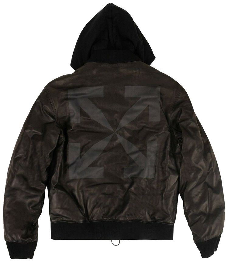 Off White Leather Hooded Bomber Jacket Black