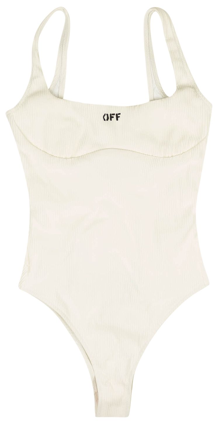 Off White Ribbed Logo Swimsuit White