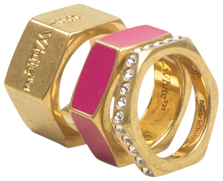 Off White Strass Hexnut Ring Set Pink