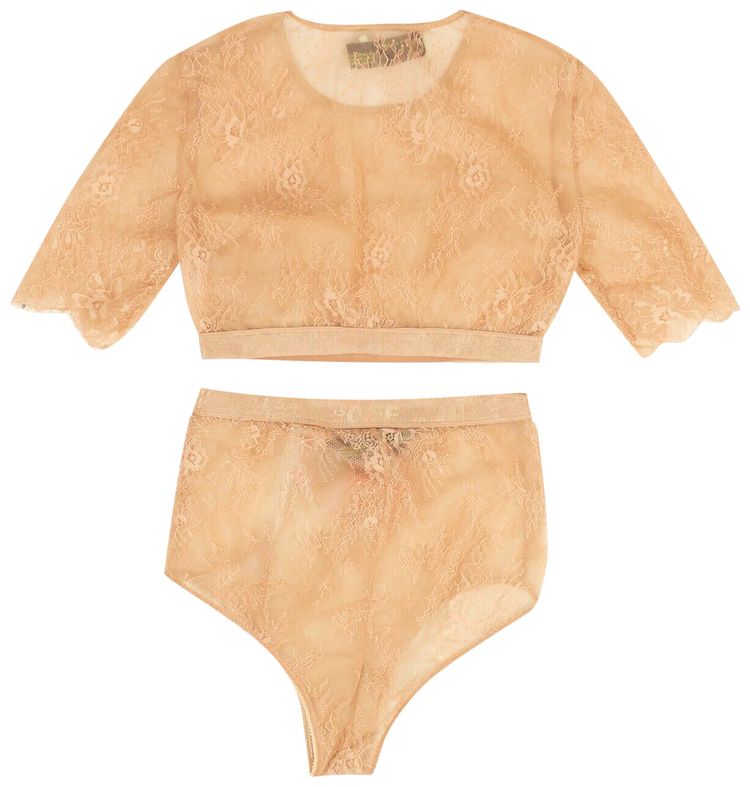 Off White Floral Lace Lingerie Set Pink
