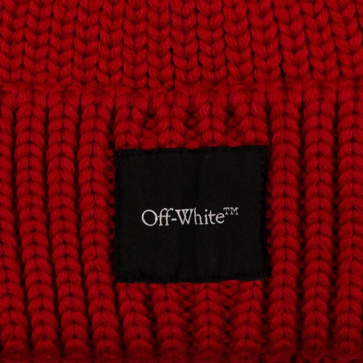 Off White Rib Knit Cuffed Beanie Red