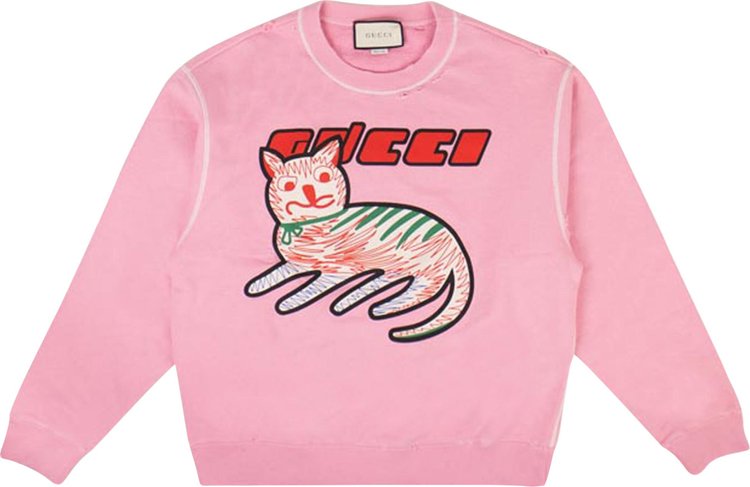 Gucci Distressed Cat Print Logo Sweatshirt 'Pink'