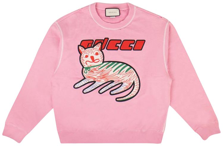 Gucci Distressed Cat Print Logo Sweatshirt Pink