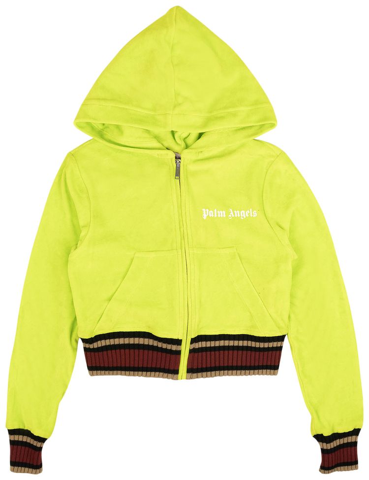 Palm Angels Velvet Zip Up Cropped Hoodie Neon Yellow
