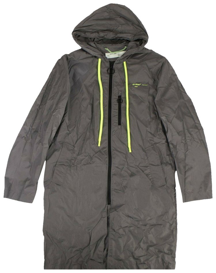 Off White Mid Length Logo Print Rain Coat Grey