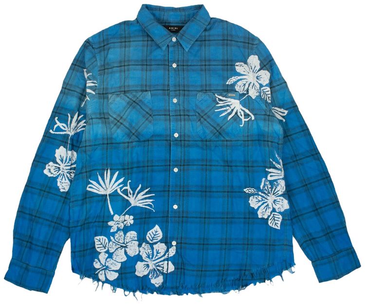 Amiri Beach Floral Plaid Flannel Button Down Shirt Cyan