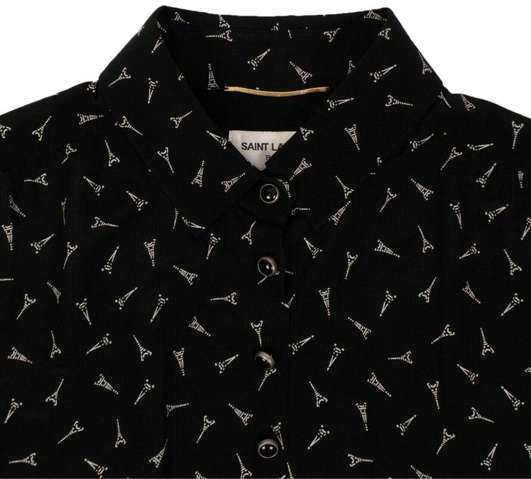 Saint Laurent Silk Eiffel Tower Printed Short Dress Black