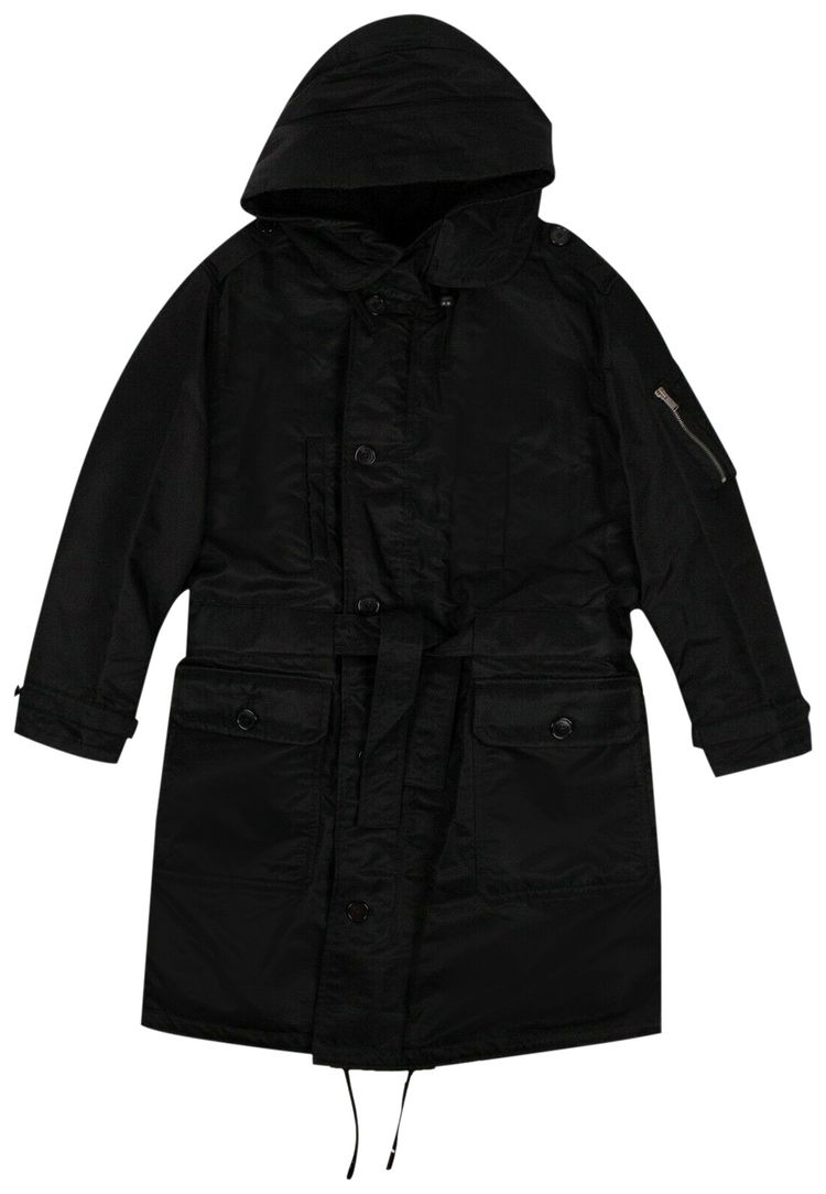 Saint Laurent Belted Parka Long Coat Black