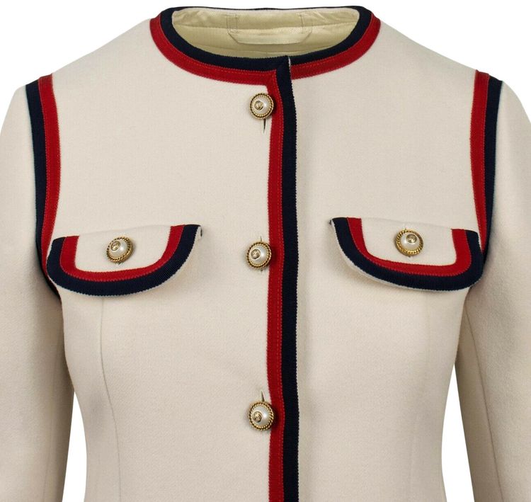 Gucci Wool Single Breasted Web Trim Coat Winter White