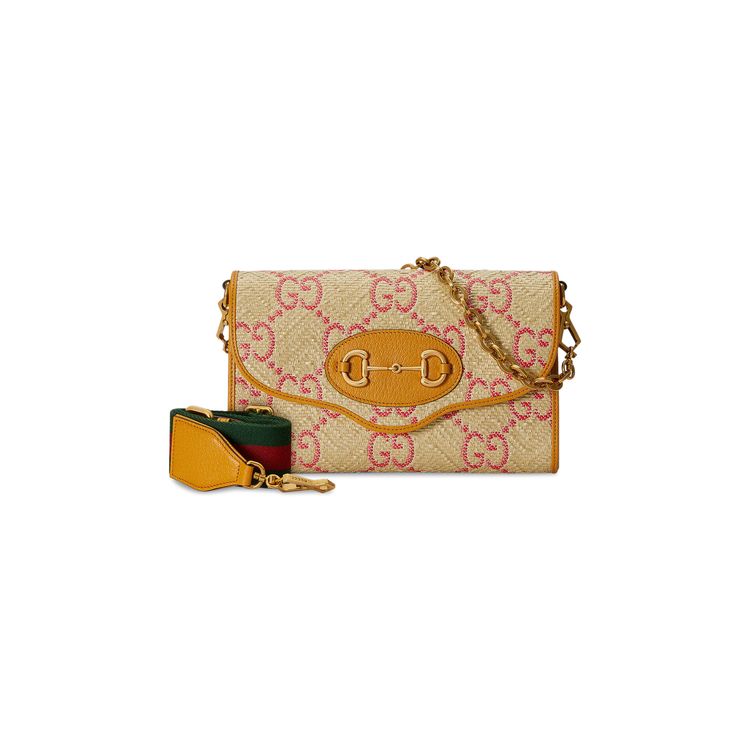 Gucci Horsebit 1955 Raffia Effect Small Bag NaturalBright Hibiscus