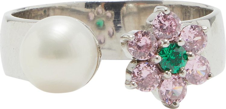 VEERT Pink And Green Flower Freshwater Pearl Ring 'White Gold'