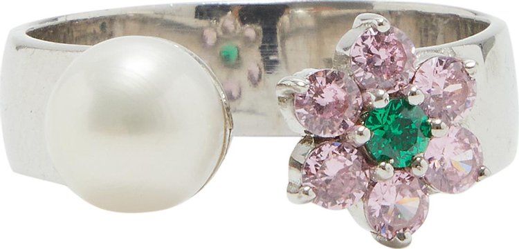 VEERT Pink And Green Flower Freshwater Pearl Ring White Gold