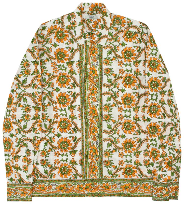 Bode Citrus Fleur Block Print Long Sleeve Shirt Orange Green