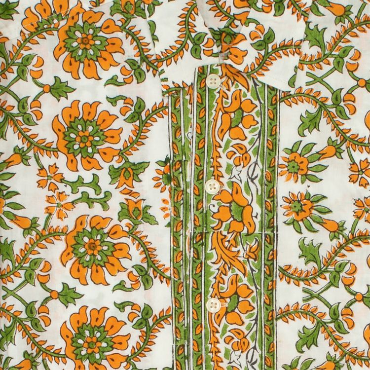 Bode Citrus Fleur Block Print Long Sleeve Shirt Orange Green